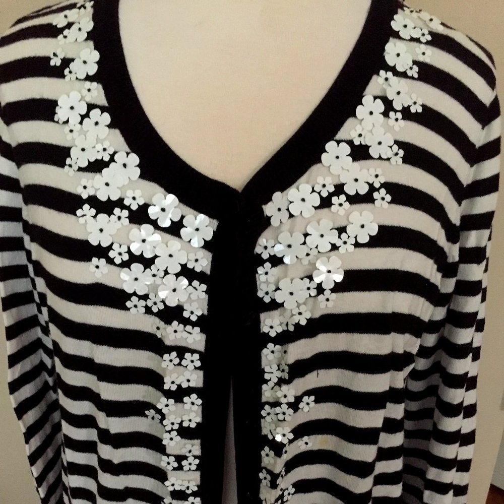 Talbots Stripes Cardigan Sweater with Flowers SZ1X